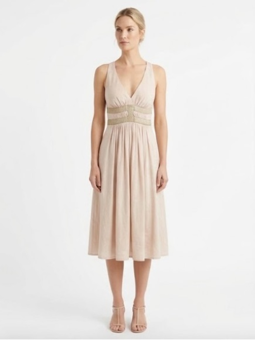 Blush V-Neck Midi Dress in silky linen-style with burlap accents